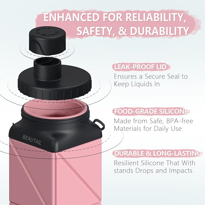 Collapsible Water Bottles, Silicone Foldable Water Bottle 610ml, BPA-Free Portable Reusable Leakproof Bottle for Gym Travel Camping Hiking Sports Outdoor, 1 Pack (Pink)