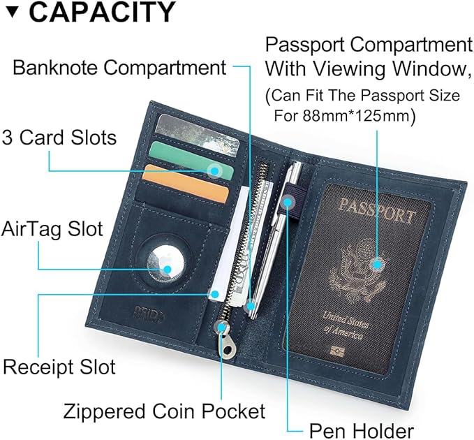 CONTACTS Full Grain Leather Airtag Passport Holder RFID Blocking Travel Passport Wallet Slim Passport Cover Case with 4 Cards Slots, Coin Pocket (Blue)