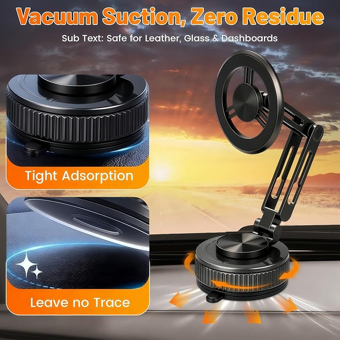 Extended Long Metal Arm Magnetic Car Phone Mount with Strongest Suction Cup, 360° Adjustable Universal Dashboard Windshield Holder for All iPhone Android Cell Phones, Heavy Duty for Car Truck SUV