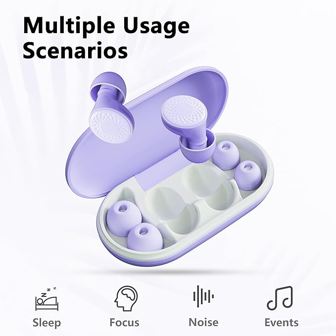 Ear Plugs for Sleeping Noise Cancelling, 45dB for Noise Reduction, Noise-Reducing Earplugs for Sleeping, Concerts, Shooting, Silicone Hearing Protection Earbuds with 8 Eartips (Purple, One Size)