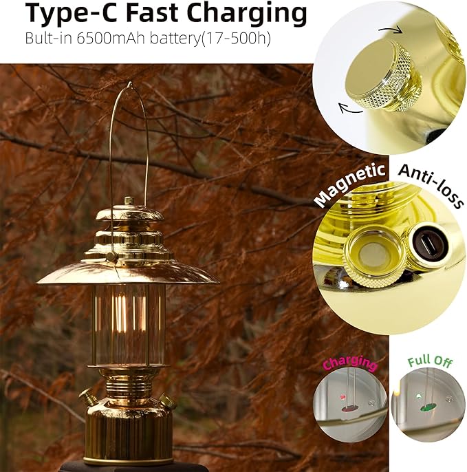 Large 18” Metal RetroLED Camping Lantern, 6500mAh Rechargeable Battery Last 17-500 Hours Camping Lamp, Classic Dimmable Hanging Lantern, Vintage Camping Light for Courtyard Outdoor Decoration