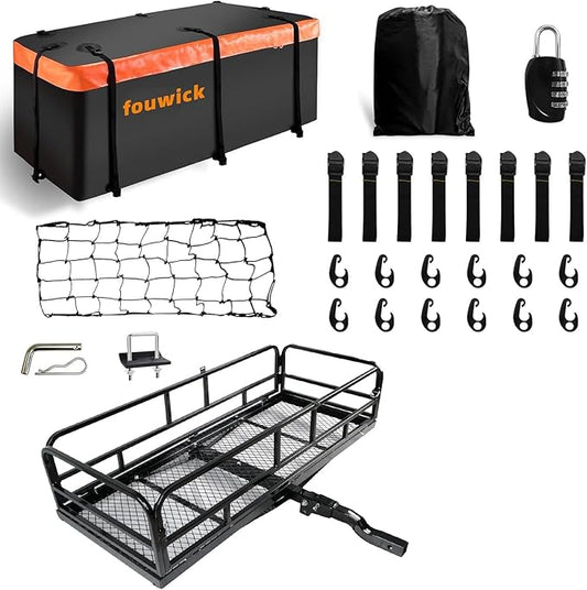 fouwick lugglage Basket 60x24x13 inches, Folds Flat, 600 Lbs Heavy Duty Hitch Cargo Basket with Waterproof Bag, Black，Luggage Storage (60X24X13 inch with Bag)
