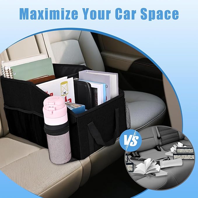 Car Organizer- Car Seat Organizer for Front Seat Back Seat Between Seats, Foldable Car Storage Organizer for Kids Adults with Multi-Mesh-Pockets-Car Organizers Backseat with Detachable Divider-Black