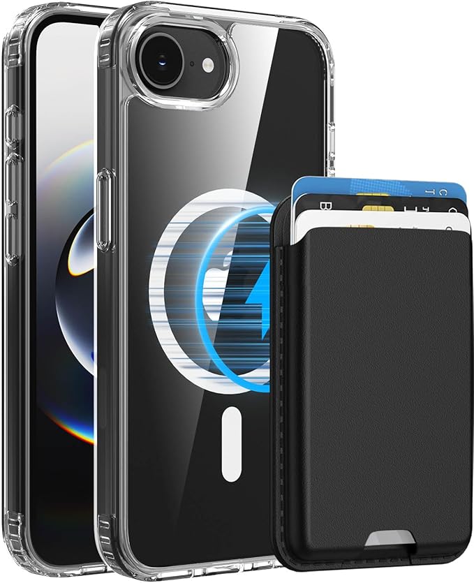 Ntwinro Magnetic for iPhone 16e Clear Case (Compatible with MagSafe) with Black Detachable Wallet & Card Holder for 3 Cards [RFID Blocking] Military Grade Protective Slim Phone Cover