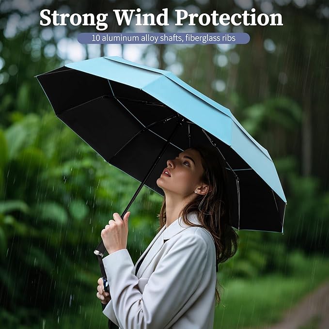 Yoobure Windproof Travel Umbrella with Wood Handle - Automatic Umbrellas for Rain & UV Sun Protection, Compact 46" Large Canopy, Lightweight Backpack Portable for Walking & Outdoor