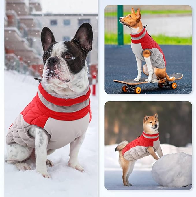 OUOBOB Winter Dog Coat,Large Dog Jacket,Waterproof Pet Jacket with Back Zipper,Pet Coat with Harness Built in,Warm Dogs Coat with Fleece Lined, Snow Jacket Clothes French Bulldog Shiba Inu,Red,L