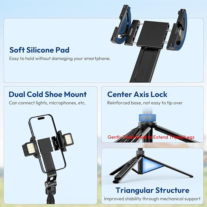 ULANZI TT88 Magnetic Tripod for iPhone 17, 57" Extendable Selfie Stick w Remote, 2-in-1 Phone Clip & Dual Cold Shoe Mounts-Lightweight Phone Tripod Stand for Vlogging, Travel, Video Recording, Black