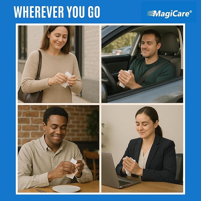 MagiCare 75% Alcohol Hand Sanitizing Wipes (Travel Wipes, 10 Packs) - Premium, Unscented, Large Alcohol Wipes - Hand Wipes Travel Size - Bag, Purse, Car - 10 Packs of 20 (200 Hand Sanitizer Wipes)