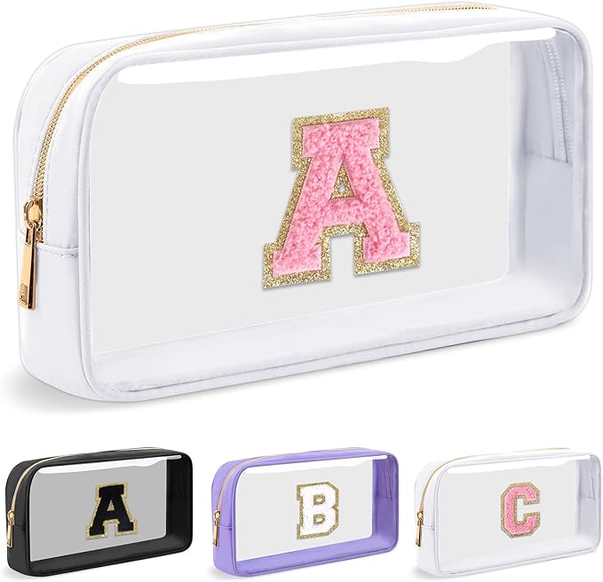 Personalized Initial Letter Clear Makeup Bag,Preppy Small Nylon&PVC Cosmetic Zipper Bag with Chenille Letter,Travel Skincare Toiletry Bag,Monogram Christmas Gift for Teen Girls Women,A
