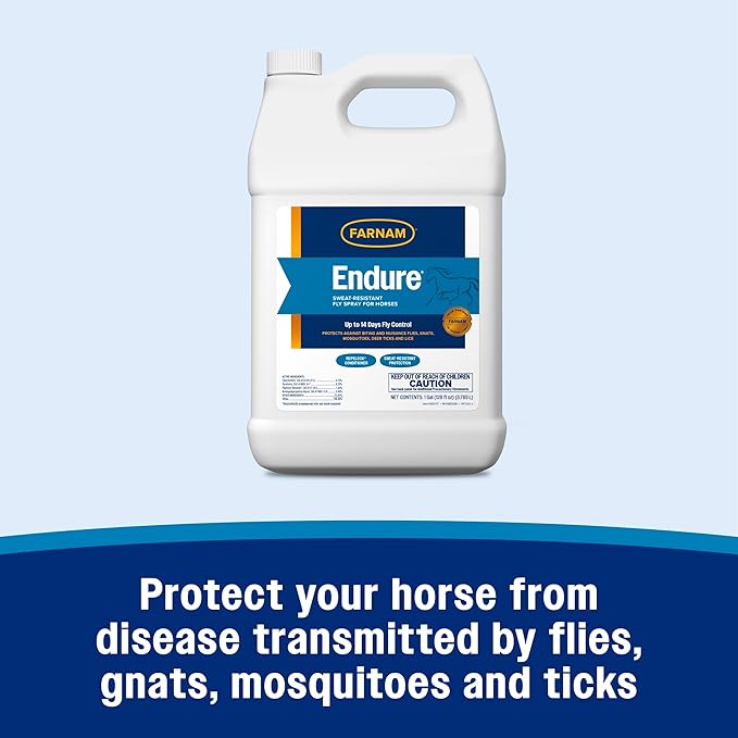 Farnam Endure Sweat-Resistant Fly Spray for Horses, Sweat-Rsistant Formula Lasts Up to 14 Days, Kills and Repels Against Flies, Gnats, Mosquitoes, Ticks & Lice, 128 oz.