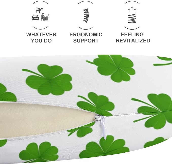 Women’s Travel Pillow U-Shaped Memory Foam Neck Rest, Green Shamrocks Lucky Grass Clovers Pattern U-Shape, Washable Airplane Car Support