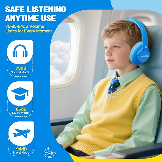 Nova1Lite Kids Wireless Active Noise Cancelling Headphones, Bluetooth 5.3, Safe Volume 74/85/94dB, Real 40H Battery, Type-C Fast Charging, boy Girl Built-in Mic for School Travel Airplane