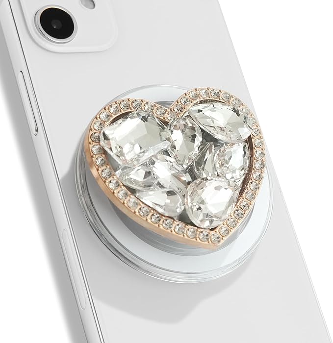 OnTheGrip Compatible with Magsafe Cute Cubic Diamond Heart Shape Design Collapsible Mobile Phone Grip Stand Holder for Smartphone Tablet Cell Phone Accessory (Gold Small)