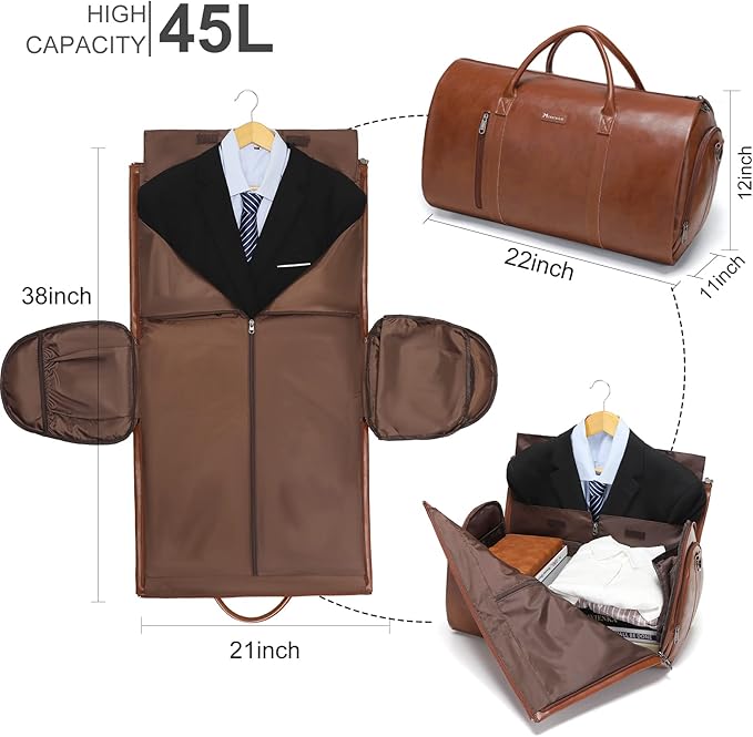 Leather Garment Bag for Travel, Modoker Carry On Travel Bag with Shoulder Strap - Ideal for Business Trips and Weekend Getaways - The Garment Duffel Bag for Traveling Men Women, Light Brown