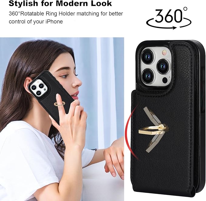 Folosu Compatible with iPhone 15 Pro Case Wallet with Card Holder, 360°Rotation Finger Ring Holder Kickstand, RFID Blocking Leather Protective Double Buttons Shockproof Cover 6.1 Inch Black