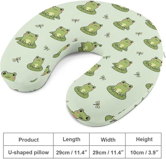 Lightweight Travel Neck Pillow Cute Animal Green Frogs Memory Foam U Shaped Cushion, Washable Removable Cover for Airplane Car Outdoor Rest
