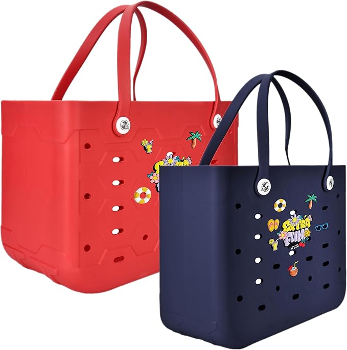 2-Piece Tote Bag Set, Waterproof Rubber Beach Bag with Summer Pattern, Medium & Large Handbag for Pool, Beach, Boat