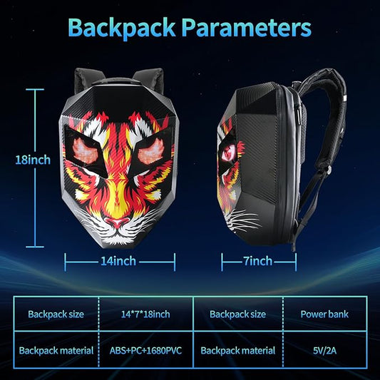 Motorcycle Backpack with LED Eyes, DIY Laptop Backpack for Riding, Cycling, Travel, Waterproof Hard Case Motorbike Bag, Large Size 19" Tiger