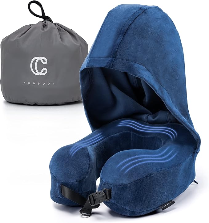 Neck Pillow with Hood - Memory Foam Neck Pillow Head Chin Support, Airplane, Car, Office & Home Sleep Rest Travel Pillows with Hood (Navy Blue, M)