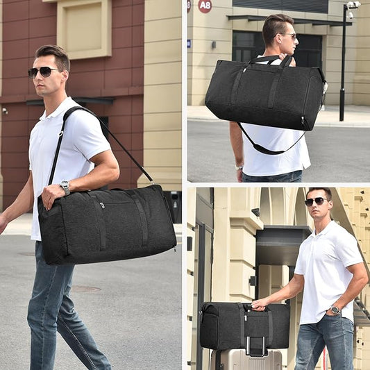 Felipe Varela 65L Duffle Bag with Shoes Compartment, Foldable Carry on Bag Travel Duffel Bags Overnight weekender Gym Bag with Wet Pocket for Women Men(Black)