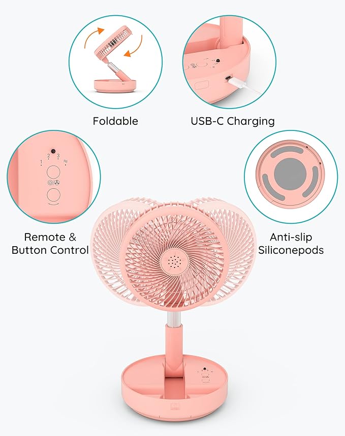 Primevolve Portable Oscillating Standing Fan,Rechargeable Battery Operated USB Floor Table Desk Fan with Remote, Bedroom Camping Travel Fans Pink 7.7"