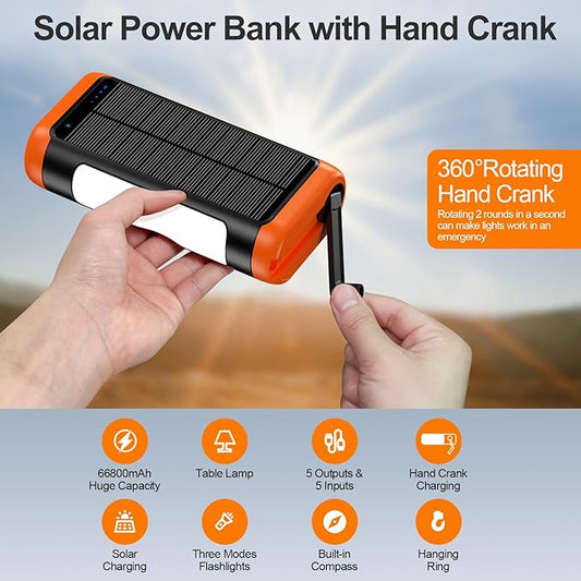 DJKK Solar Power Bank Portable Charger:66800mAh Built in Hand Crank and 3 Cables 22.5W Fast Charging Phone External Battery Pack(5 Outputs & 5 Inputs) with Camping Flashlights/Table Lamp/Compass