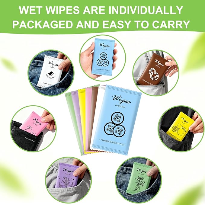twoworld Individual Hand Wipes,Wet Wipes Individually Wrapped Bulk Cleansing Travel Size Wet Wipes for Travel Restaurant (Mint, lemon, lavender,cucumber, coconut, peach, and unscented,pack of 140)