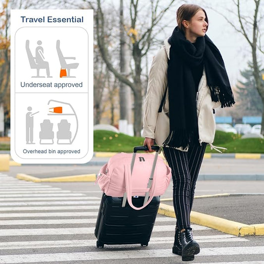 TOPDesign Travel Duffel Bag for Women, Puffer Gym Bag Sports Tote with Wet Pocket, Carry On Weekender with Luggage Sleeve (Baby Pink)