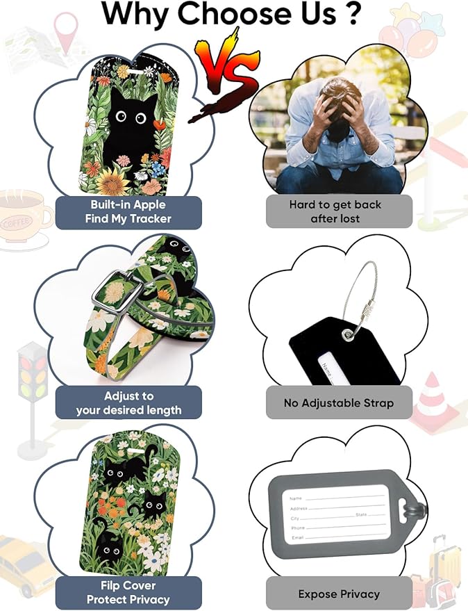 Luggage Tags Built-in Anti-Loss Tracker, Luxury Leather Luggage Tags for Suitcase, Travel Bags, Backpacks, Travel Organizer for Lost Baggage Prevention (Prairie Cat)