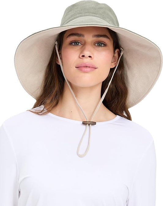 Solbari Women’s Ultra-Wide Cotton Linen Sun Hat UPF 50+, Packable, Adjustable with Ponytail Hole for Travel, Beach & Outdoors