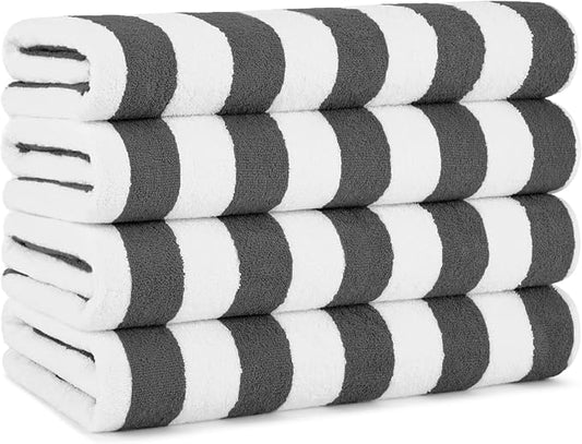 Arkwright California Cabana Stripe Beach Towel - Pack of 4, Large Soft Quick Dry Cotton Terry Towels Set for Pool, Swim, and Hot Tub, Oversized 30 x 70 in, Dark Grey