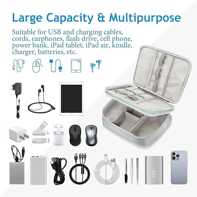 Electronics Travel Organizer, Double Layer Cable Organizer Bag Waterproof Electronics Accessories Storage Bag for Charger, Phone, Power Bank, Hard Drive, Cord, Tablet