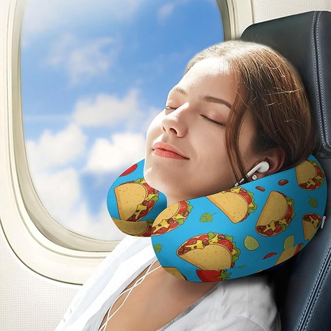 Memory Foam U-Shape Travel Pillow, Mexican Tacos Mint Green U-Shaped, Neck Support Compact for Airplane Bus Rest, Washable Cover Breathable