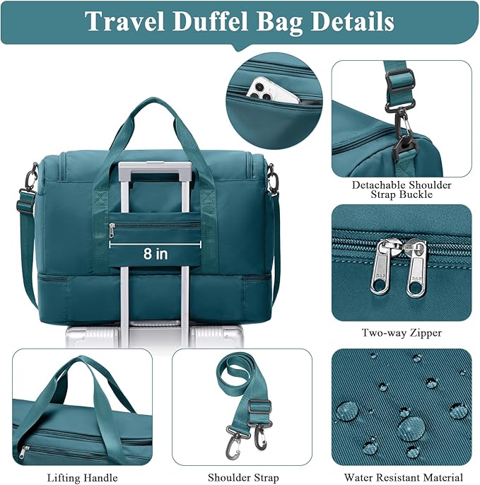 Extra Large Travel Duffle Bag,Carry on Overnight Weekend Bag with Shoes Compartment,Weekender Bags for Women for Travel Business Trips Sport Hospital,3 Pcs Set,Peacock Blue