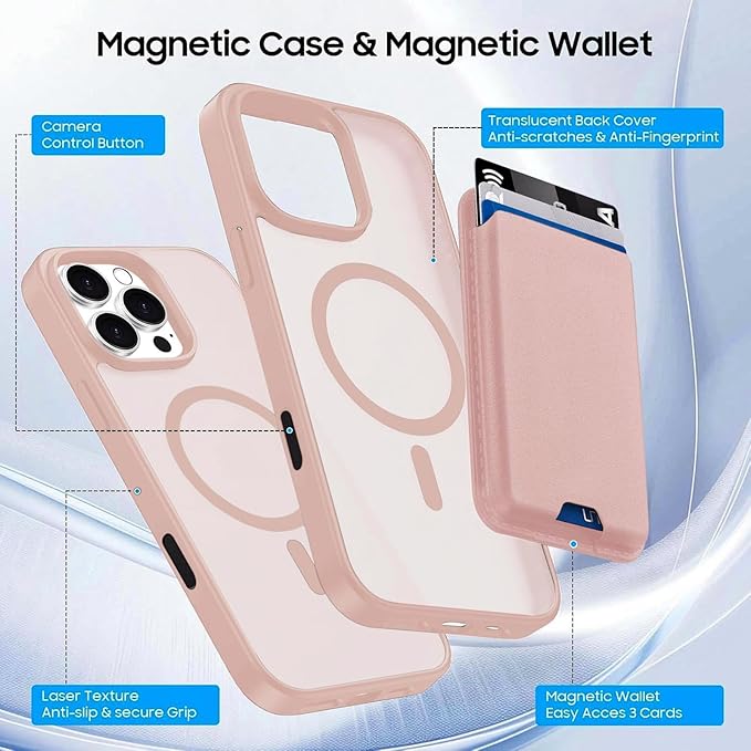 Ntwinro Magnetic for iPhone 16 Pro Case (Compatible with MagSafe) with Detachable Wallet & Card Holder for 3 Cards [RFID Blocking] Military Grade Protective Slim Phone Cover, Pink