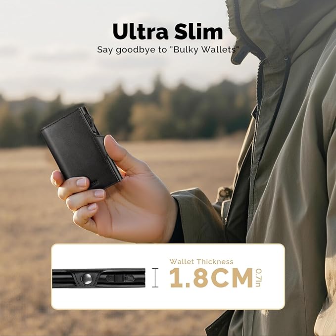 YESIIW Slim Wallet for Men Pop Up Card Holder: Aluminum Case, Premium Leather, Smart, RFID Blocking, Minimalist, Front Pocket - 9-11 Card Capacity | ID Window | Cash Slot (Black)