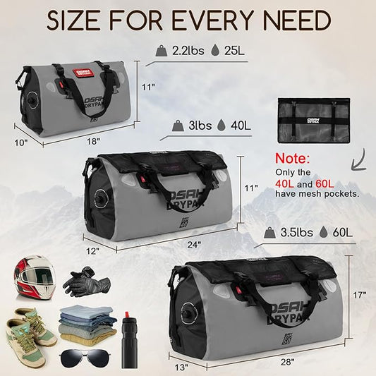 Waterproof Duffel Bag - Motorcycle Dry Bag Tail Bag with Large Storage Space, Waterproof Luggage Duffle Bags with Outer Mesh Zipper Pocket for Camping, Kayaking, Fishing & Traveling