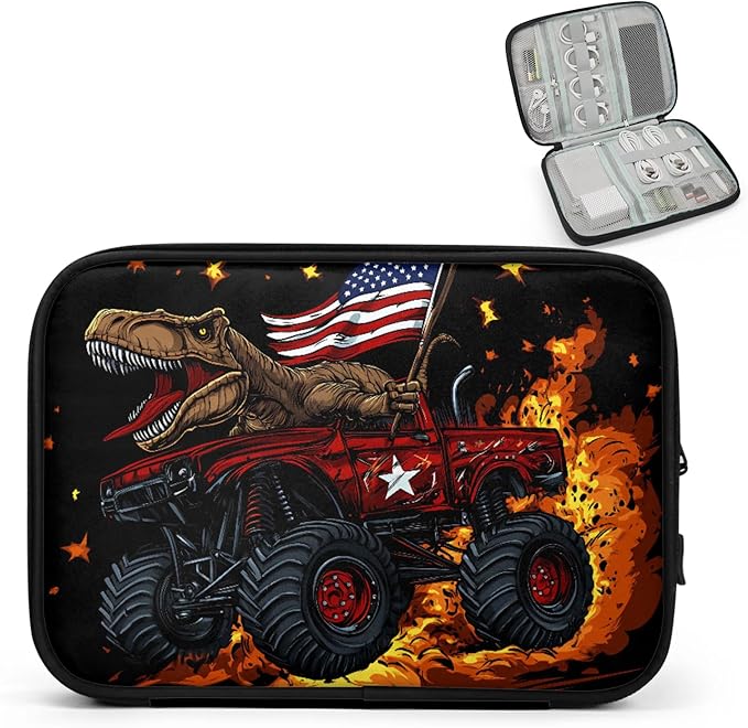 Truck Dinosaur Travel Cable Organizer Pouch American Flag Electronics Accessories Carry Case Portable Water Resistant Storage Bag for Cord Charger Phone Earphone SD Card