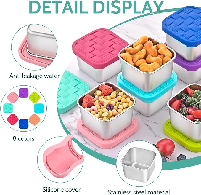 Ryrokxivi 8PC 6oz Stainless Steel Snack Containers with lids, BPA-Free Metal Kids Snack Cups with Fork and Spoon, Leakproof Lunch Box Containers，Resuable Baby Food Storage Bowl