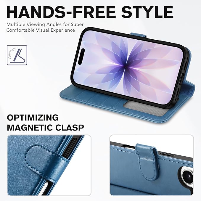 TUCCH Wallet Case for iPhone 17 (6.3-Inch) 2025, Wrist Strap | RFID Blocking 4 Card Holders | Kickstand | Shockproof TPU Shell | PU Leather | Magnetic | Protective Flip Cover | Light Blue