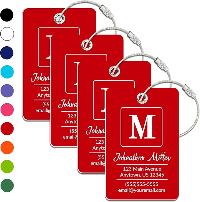 Personalized Luggage Tag | 4 Pack | Custom Luggage Tags for Suitcases | Kids Backpack Tag | 10 Color Options & Choose Font, Font Color