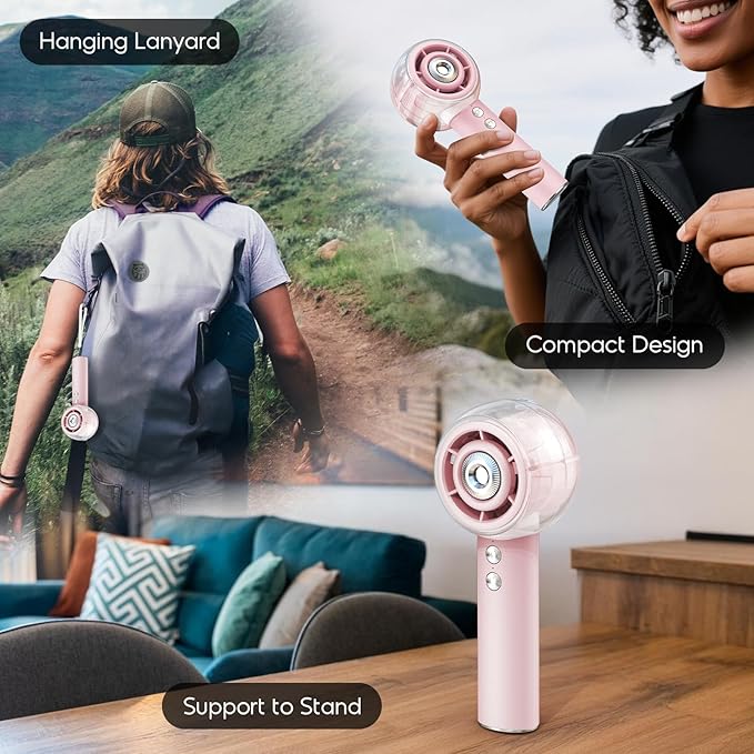 Misting Portable Handheld Fan, Powerful Turbo Motor, 6000mAh Rechargeable Battery, Personal Mini Fans with 4 Strong Wind, Cooling Gadgets for Travel, Camping, Beach, Outdoor, Gifts for Women Men-Pink