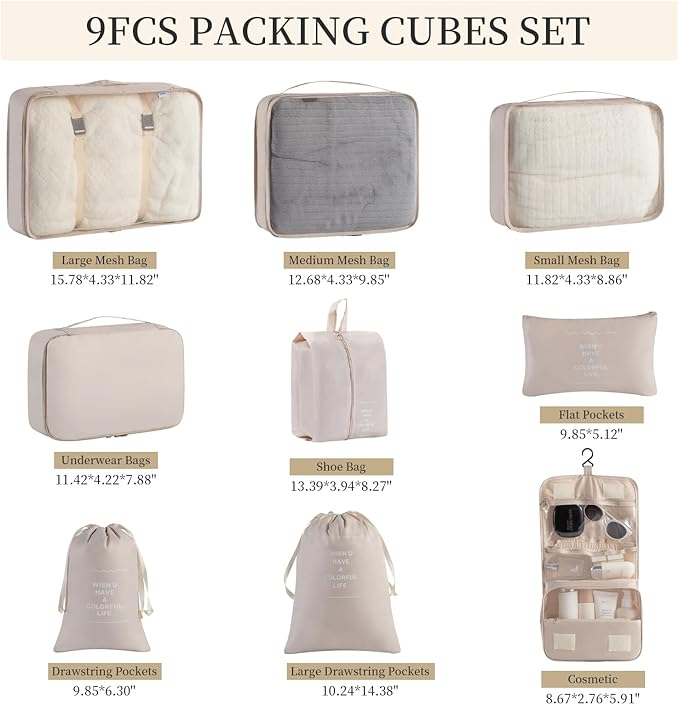 Packing Cubes Storage Bags 9 Pieces-Luggage Organizers Classify Store Clothing Efficiently for Travel Outdoor Home (Beige, 9 Pieces)