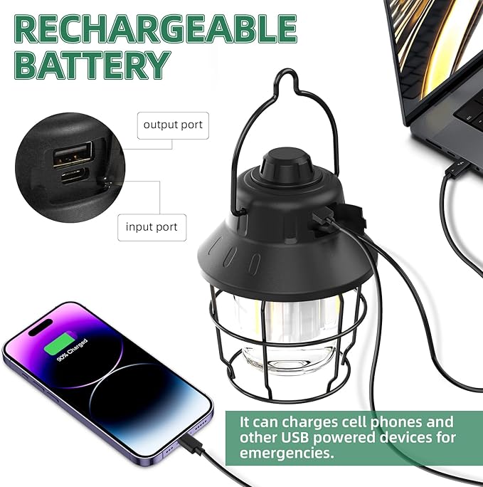 JINIU Rechargeable LED Camping Lantern, Mini Retro Portable Waterproof Lantern, 1000LM, 3 Light Modes (2700-6500K) Stepless Dimming Brightness, Hanging Tent Light for Camping, Power Outages