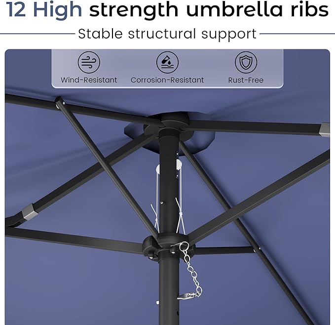 DomeShade 15ft Patio Umbrella with Base,Large Outdoor Double-Sided Rectangle Umbrella with Crank Handle, Market Umbrella for Poolside Garden Deck Backyard Beach Pools, Blue