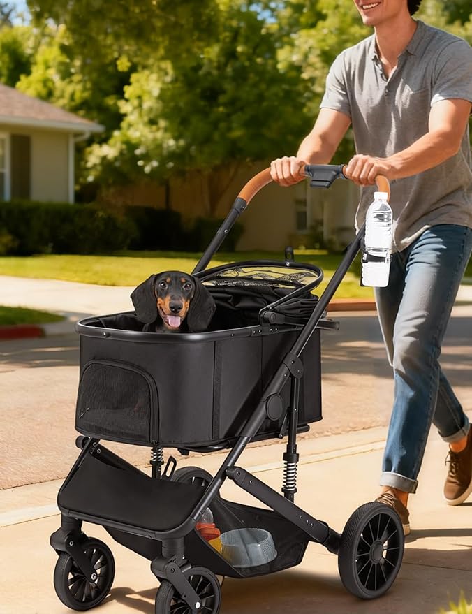 Dog Stroller for Small Medium Dogs Up to 60lbs, 4 Wheels Folding Pet Stroller with Detachable Carrier, Pet Travel Carrier for 2 Dogs & Cats, Storage Basket, Breathable Mesh, Cup Holder, Black