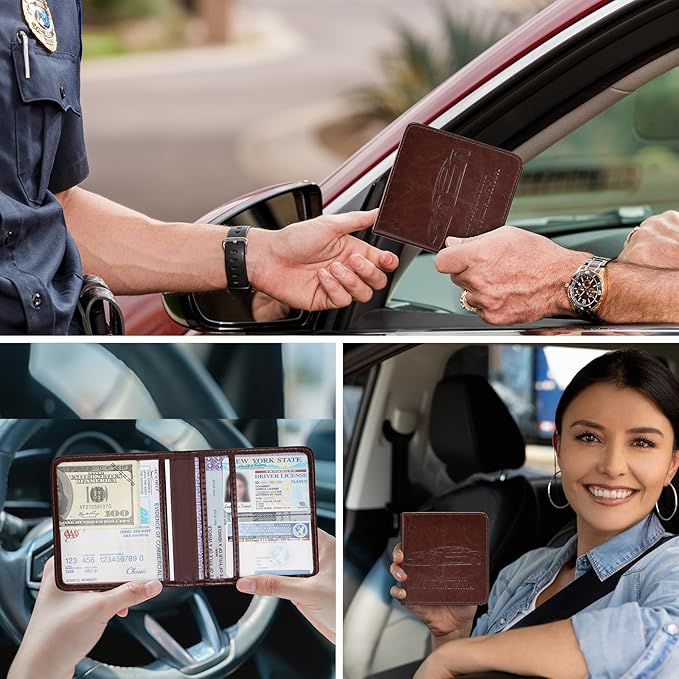 2-Pack Registration and Insurance Card Holder, Vehicle Glove Box Car Organizer with Magnetic Closure, Interior Car Accessories for Documents, Cards, License Storage, Dark Brown