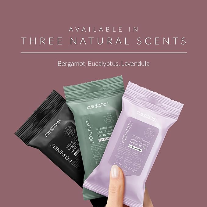 Noshinku – Lavendula Hand Sanitizer Wipes, 3-Pack (45 Towelettes) – Resealable Travel Wipes with Ethyl Alcohol, Aloe & Green Tea, Plant-Based Fiber, Essential Oil Scents, Cruelty-Free & No Dyes