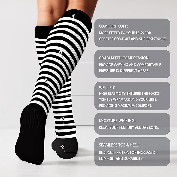 LEVSOX Thick Cotton Compression Socks for Women&Men 20-30mmHg Knee High Cute Support Sock for Nurses, Pregnancy, Travel