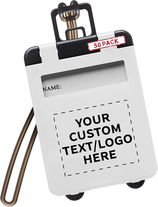 50 Mini Carry-on Luggage Tags Pack - Customizable Text, Logo - Flip Open Cover, ID Sticker - White